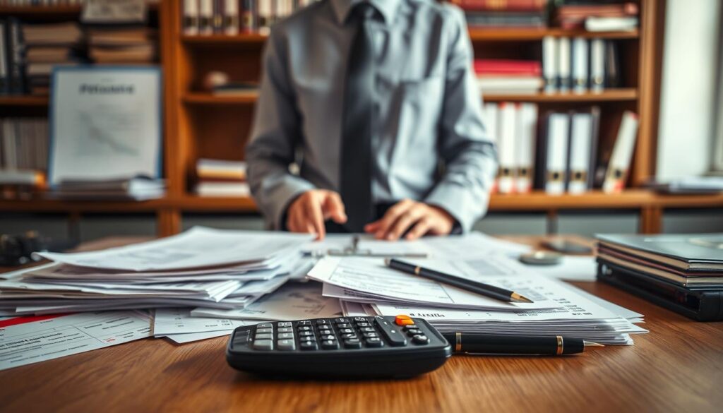 A professional office setting featuring a table covered with an assortment of colorful Gehaltsabrechnungen (payroll statements) and symbolic representations of Rentenansprüche (pension claims). In the foreground, a neatly organized stack of documents is visible, alongside a calculator and a pen, all meticulously arranged to convey a sense of order and importance. In the middle, a subtle interplay of light highlights a pair of hands, dressed in business attire, thoughtfully reviewing the statements. The background showcases a softly blurred view of shelves filled with financial books and binders, creating a scholarly atmosphere. The image captures a warm and focused mood, illuminated with soft, natural lighting that conveys professionalism. Shot on a Sony A7R IV at 70mm, with a polarized filter for clarity and sharp definition.