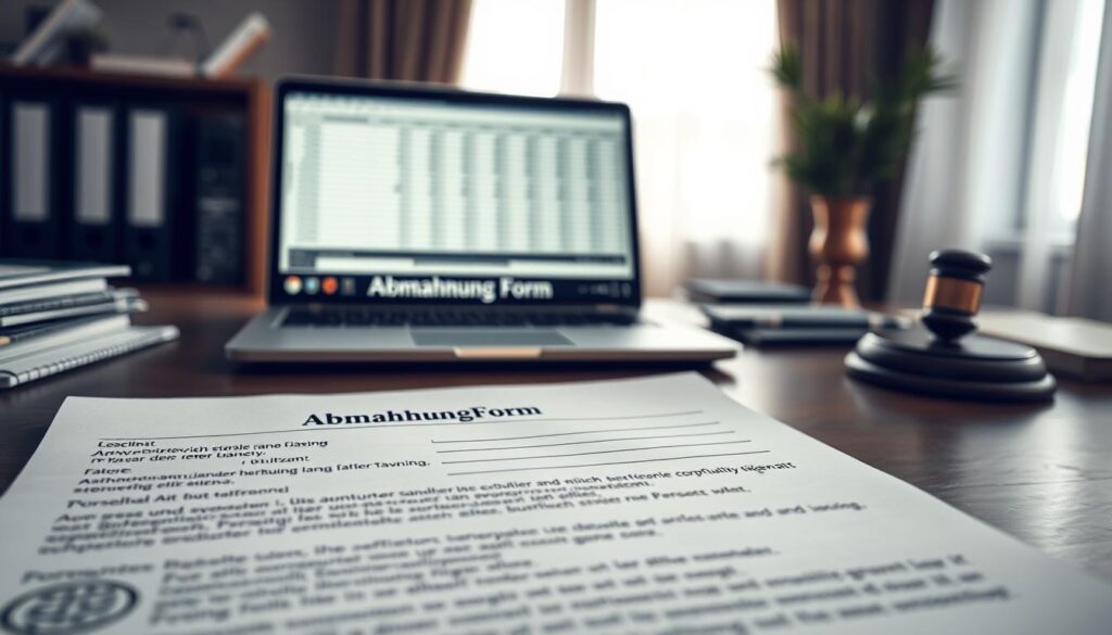 A professional office setting featuring a well-organized desk with a detailed "Abmahnung Form" document prominently displayed. In the foreground, the document has clear bullet points and sections highlighting essential elements, such as the recipient's details and the sender's intentions. In the middle, a laptop with a soft glowing screen is open, showing a spreadsheet related to the document's context. In the background, a window with soft natural light streams in, illuminating the workspace and casting gentle shadows. The overall mood is serious and focused, emphasizing legality and formal communication. Shot on a Sony A7R IV at 70mm, the image is sharply defined with a polarization filter to enhance the clarity and depth of colors, creating a professional atmosphere.