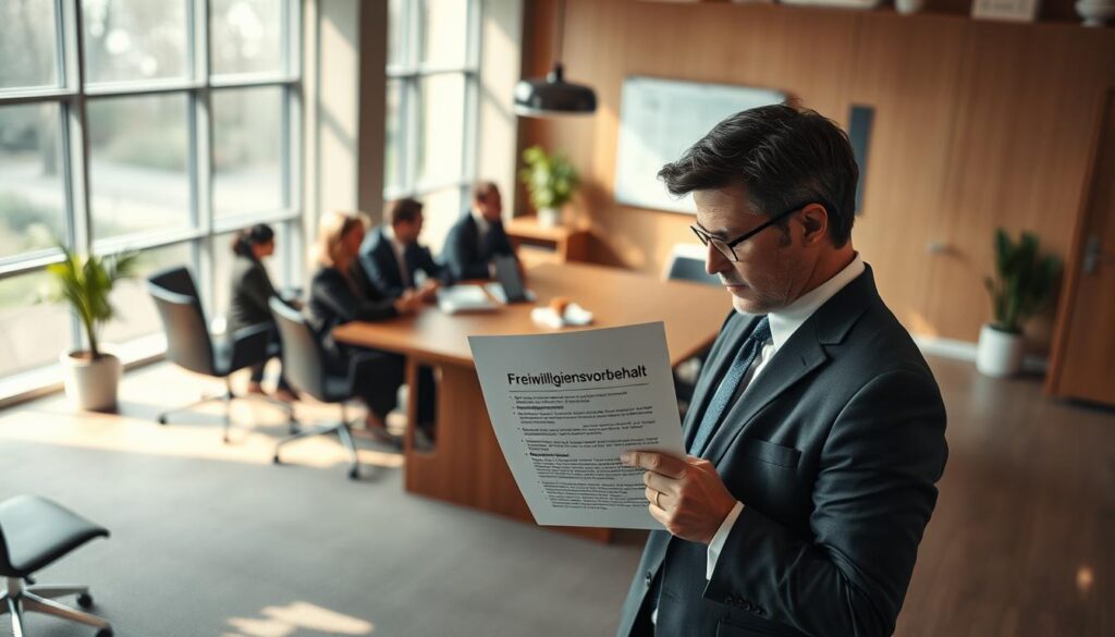 A professional office setting illustrating the concept of "Freiwilligkeitsvorbehalt" in the context of employee bonuses. In the foreground, a business person in professional attire, deep in thought, is reviewing a document labeled 'Freiwilligkeitsvorbehalt.' The middle features a large wooden conference table surrounded by colleagues engaged in discussion, emphasizing the importance of collaboration and decision-making. In the background, large windows allow soft, natural light to illuminate the room, creating a warm atmosphere. A potted plant adds a touch of greenery, enhancing the professional vibe. Shot with a Sony A7R IV at 70mm, ensuring sharp focus and defined details. The scene captures a serious yet optimistic mood, reflecting the complexities and significance of voluntary clauses in employment contracts.