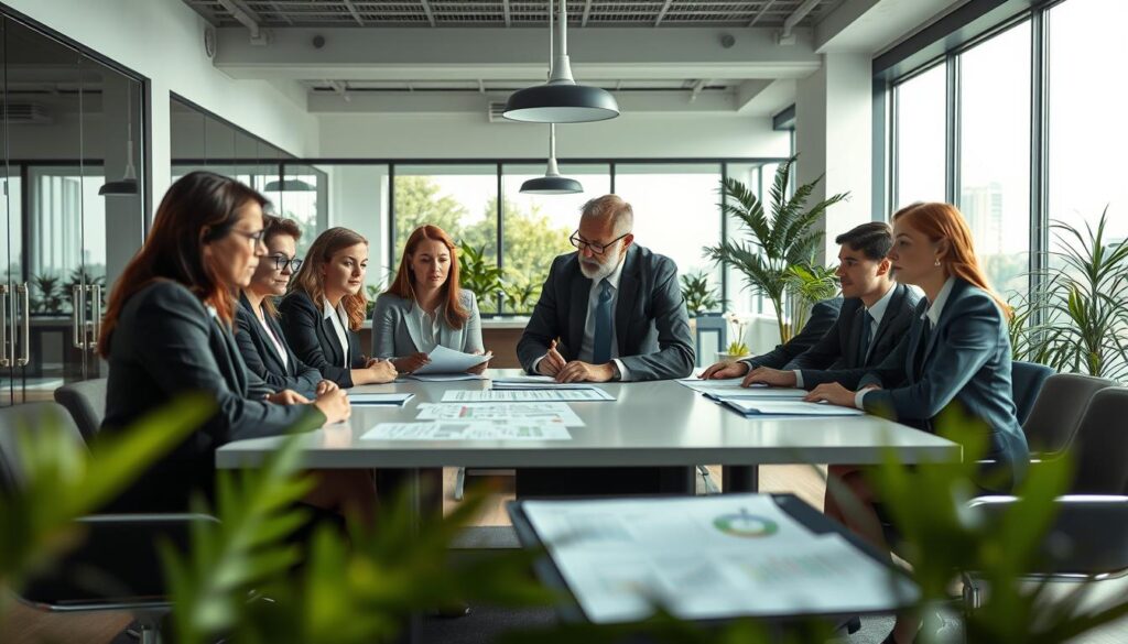 A professional office setting illustrating the theme of "Exceptions to the Working Hours Act" in Germany. In the foreground, a diverse group of business professionals dressed in smart business attire is engaged in discussion around a modern conference table, with charts and documents spread out. In the middle ground, a large window allows soft, natural light to illuminate the scene, highlighting serious expressions and collaboration. The background features a sleek, contemporary office with glass partitions and greenery, adding a touch of modernity. Shot on a Sony A7R IV with a 70mm lens, the composition is sharply defined with a polarized filter, evoking a focused and productive atmosphere, emphasizing professionalism and teamwork.