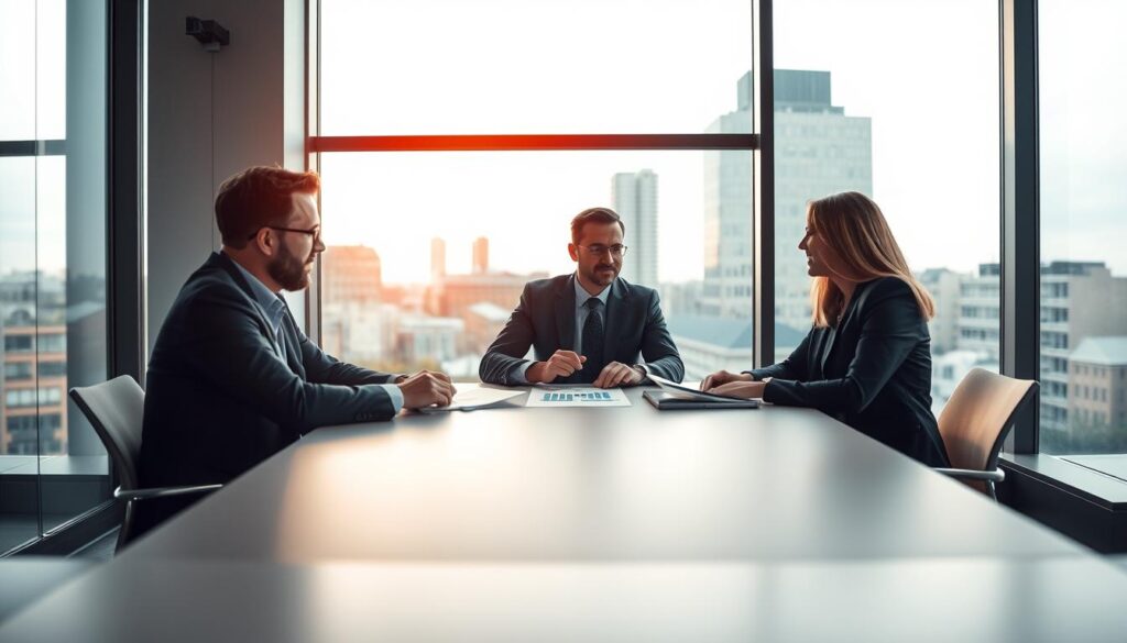 A professional office setting in Germany showcasing a typical workweek. In the foreground, a diverse group of three professionals, two men and one woman, are seated at a sleek conference table. They are dressed in smart business attire, engaged in a lively discussion with charts and documents spread out in front of them. In the middle, a large window lets in natural light, illuminating the space with a warm ambiance, while a contemporary cityscape with recognizable German architecture features prominently in the background. The scene captures a sense of collaboration and productivity, embodying the concept of working hours in a modern German workplace. Shot on a Sony A7R IV at 70mm with a polarized filter, ensuring a sharply defined, vividly clear image.
