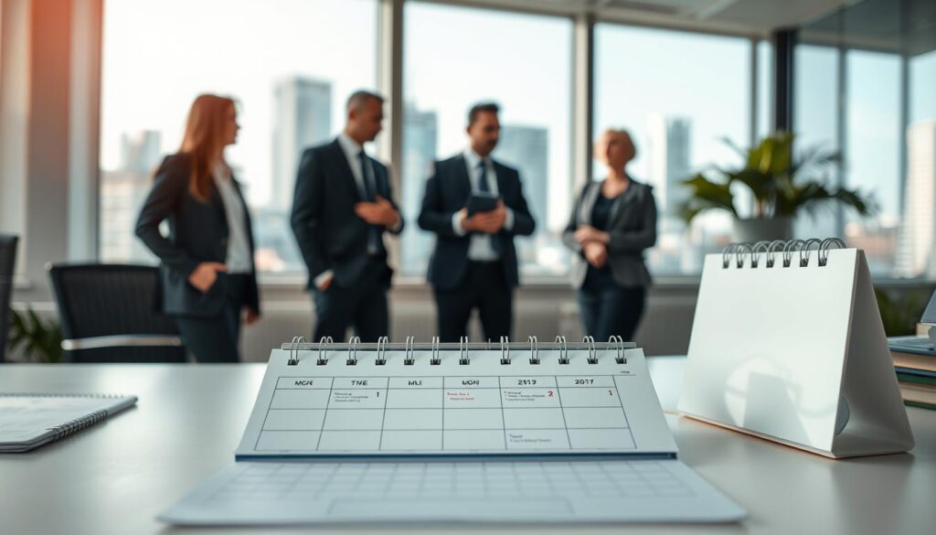A professional office setting representing the theme of "Dauer der Probezeit in Deutschland." In the foreground, a neatly organized desk with a calendar marked with a timeline, highlighting the three to six months duration of the probation period. In the middle ground, a diverse group of three professionals in business attire engaged in a thoughtful discussion, noting the importance of the probation period. In the background, large windows allowing natural light to fill the room, showcasing a city skyline for context. The atmosphere is one of focus and clarity, evoking a sense of professionalism and anticipation. The image should be captured with a Sony A7R IV at 70mm, ensuring a sharply defined, clearly focused result with a polarized filter to enhance the lighting.
