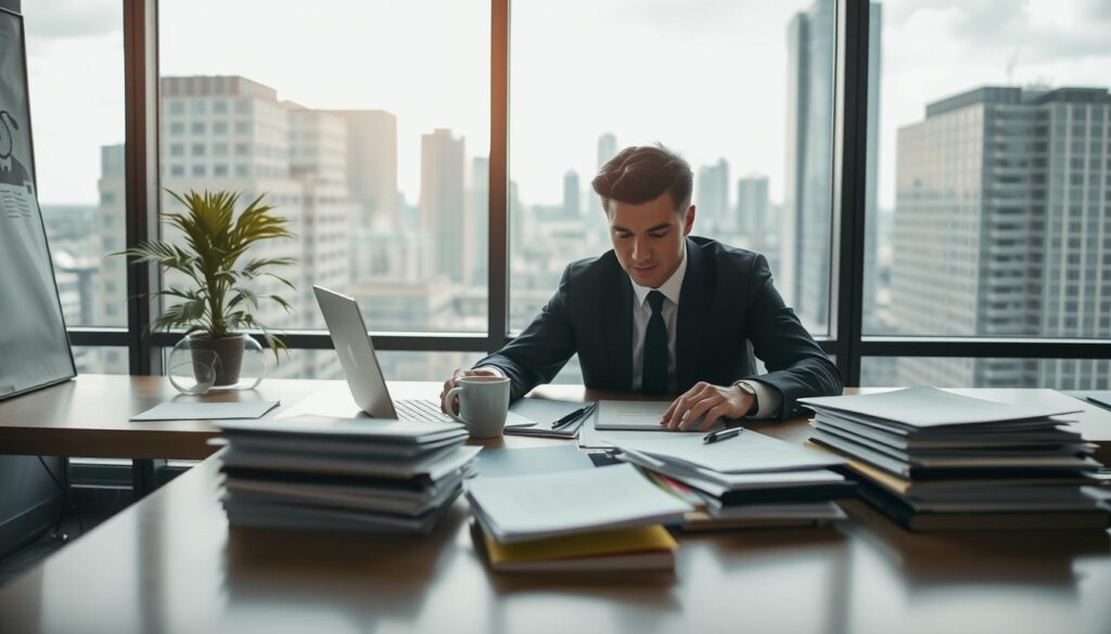 A professional office setting, showcasing a person in business attire, deeply focused on preparing an unsolicited job application. In the foreground, the individual is working at a sleek desk cluttered with papers, a laptop, and a coffee mug, radiating determination. The middle ground features a large window allowing soft, natural daylight to illuminate the scene, highlighting the positive atmosphere. In the background, a modern cityscape is visible, symbolizing job opportunities and ambition. The composition is shot with a Sony A7R IV at 70mm, ensuring clear focus and sharp definition, enhanced by a polarized filter to enrich colors. The overall mood conveys motivation, aspiration, and the proactive spirit of taking chances through unsolicited applications.