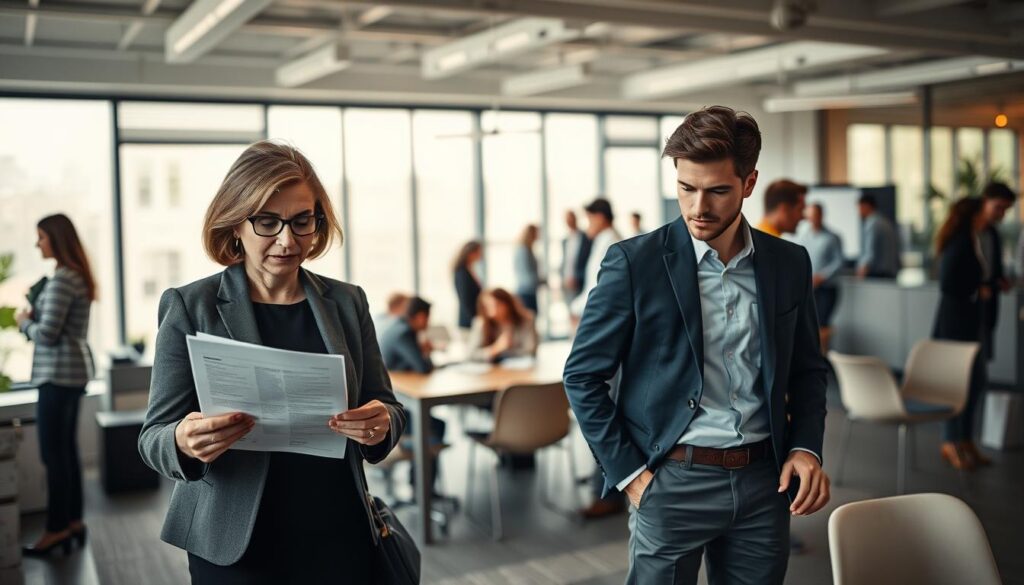 A professional office setting, showcasing diverse individuals engaged in various work-related tasks that exemplify work experience. In the foreground, a middle-aged woman in business attire reviews a report, while a young man in a smart casual outfit collaborates with a colleague at a conference table. The middle ground features a modern open office layout with employees discussing and brainstorming ideas. In the background, large windows let in soft, natural light, creating an inviting atmosphere. The overall mood is focused, dynamic, and professional, emphasizing the importance of different types of work experience. Captured with a Sony A7R IV at 70mm, the image is sharply defined and clearly focused, enhanced with a polarized filter to emphasize clarity and detail.