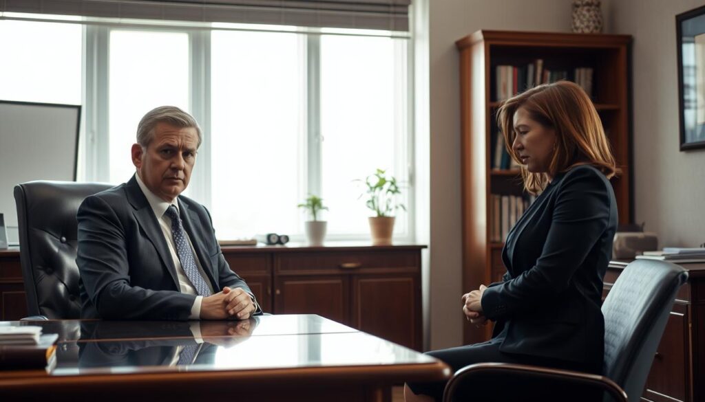 A professional office setting where a tense but respectful "termination conversation" is taking place. In the foreground, a middle-aged man in a well-fitted suit sits behind an elegant wooden desk, looking concerned yet composed. Opposite him, a woman in business attire, visibly emotional but calm, listens intently, her hands clasped on her lap. In the middle ground, a large window allows soft, natural light to filter into the room, casting gentle shadows that enhance the serious atmosphere. The background features a bookshelf with neatly arranged books and a small potted plant, symbolizing growth and change. The composition should evoke a mood of professionalism and empathy. Shot on a Sony A7R IV at 70mm, with clear focus and sharp definition, using a polarized filter to ensure rich colors and shadows.