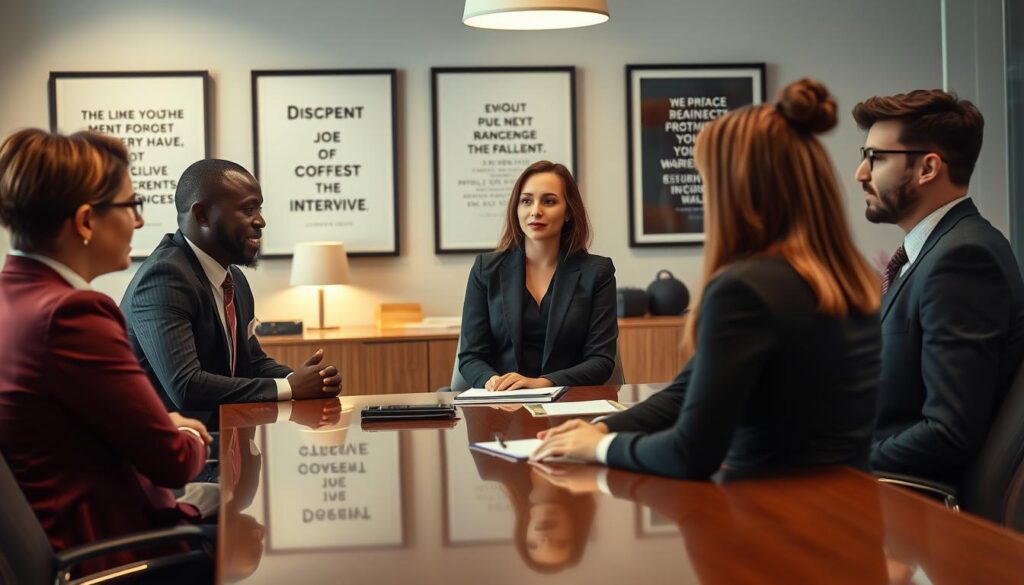 A professional office setting with a diverse group of individuals engaging in job interview scenarios. In the foreground, a confidently dressed female candidate sits across from a panel of interviewers, all wearing smart business attire. The middle ground features a polished conference table and a subtle background of office décor, including framed motivational posters about discretion and professionalism. Soft, ambient lighting illuminates the scene, creating an inviting atmosphere that fosters communication and focus. The image captures the essence of important behaviors during the application process, focusing on body language and eye contact, conveying an atmosphere of professionalism and respect. Shot on a Sony A7R IV at 70mm, ensuring clarity and sharpness in details, with a polarized filter enhancing colors and contrast for a realistic portrayal.