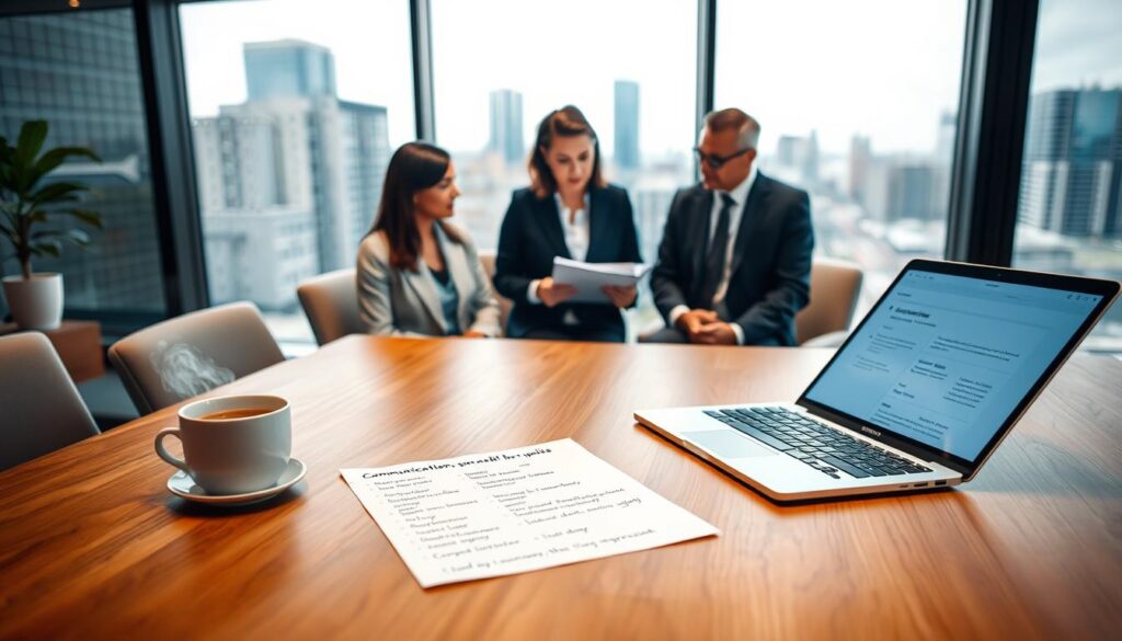 A professional office setting with a sleek wooden desk in the foreground, featuring a notepad filled with various communication phrases and alternatives for effective expression. On the desk, there is a laptop open with a soft blue light illuminating the keyboard, alongside a cup of steaming coffee. In the middle, a diverse group of three professionals—two women and one man—engaged in discussion, wearing smart business attire, displaying focused expressions as they look at the notepad. In the background, large glass windows let in natural light, showcasing a bustling cityscape. The overall atmosphere is collaborative and innovative, captured with the Sony A7R IV at 70mm, ensuring clear focus and sharp definition, enhanced by a polarized filter for vibrant colors.