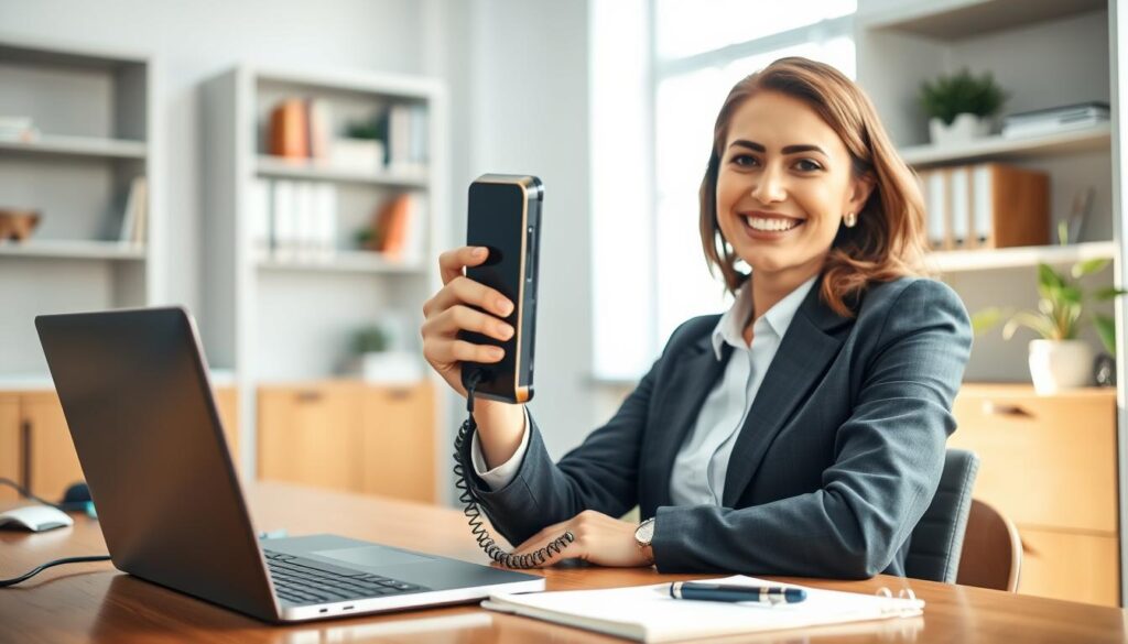 A professional office setting with a well-dressed businesswoman sitting at a desk, holding a phone with a warm smile, embodying a confident and welcoming demeanor. In the foreground, focus on her poised hand cradling the phone. The middle ground features a tidy desk with a laptop, notepad, and a stylish pen, emphasizing a productive environment. In the background, softly blurred shelves filled with books and a small plant add vibrancy while maintaining professionalism. The scene is illuminated by soft, natural light streaming through a nearby window, casting gentle shadows. Shot on a Sony A7R IV with a 70mm lens, the image is sharply defined with a polarized filter, creating an inviting and competent atmosphere suitable for illustrating effective phone greetings.