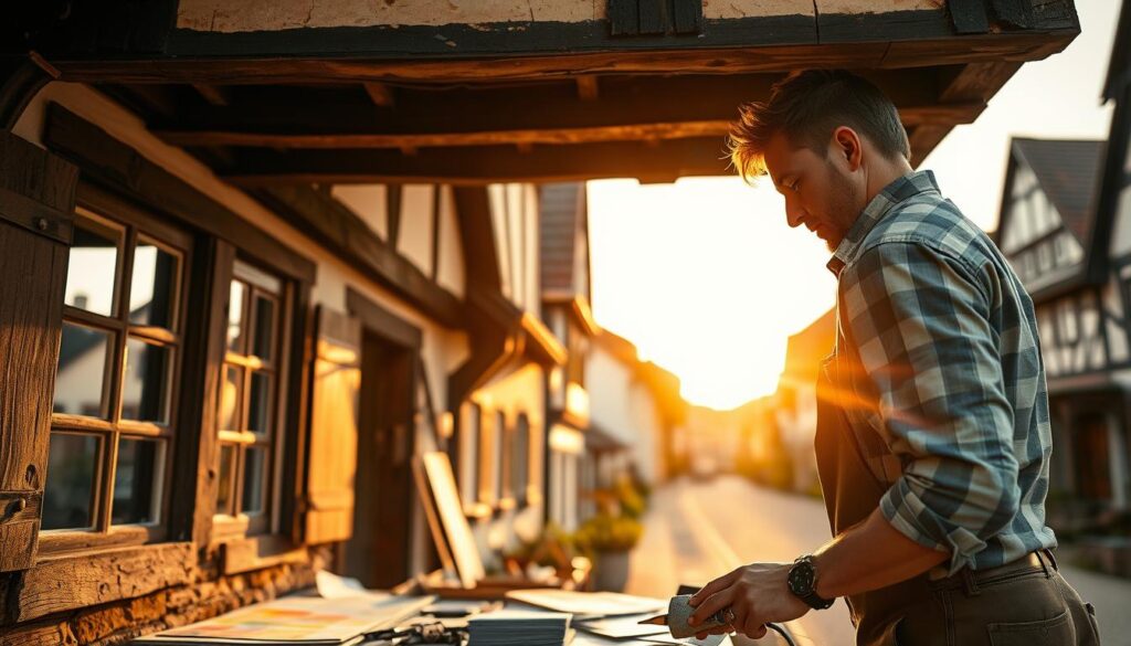 A professional painter at work in the charming town of Bodenwerder, focusing on a historic half-timbered house. In the foreground, the painter is clad in smart, casual attire, diligently preparing the surface for painting. Midground elements include the partially stripped wooden beams showcasing the intricate craftsmanship of the Fachwerk architecture, surrounded by color swatches and painting tools. In the background, quaint streets lined with traditional German homes bathed in warm, golden afternoon light add to the ambiance. The image is shot with a Sony A7R IV at 70mm, utilizing a polarized filter for enhanced clarity and vibrant colors, ensuring sharply defined details. The overall mood is one of professionalism and dedication, reflecting the importance of selecting a skilled painter.