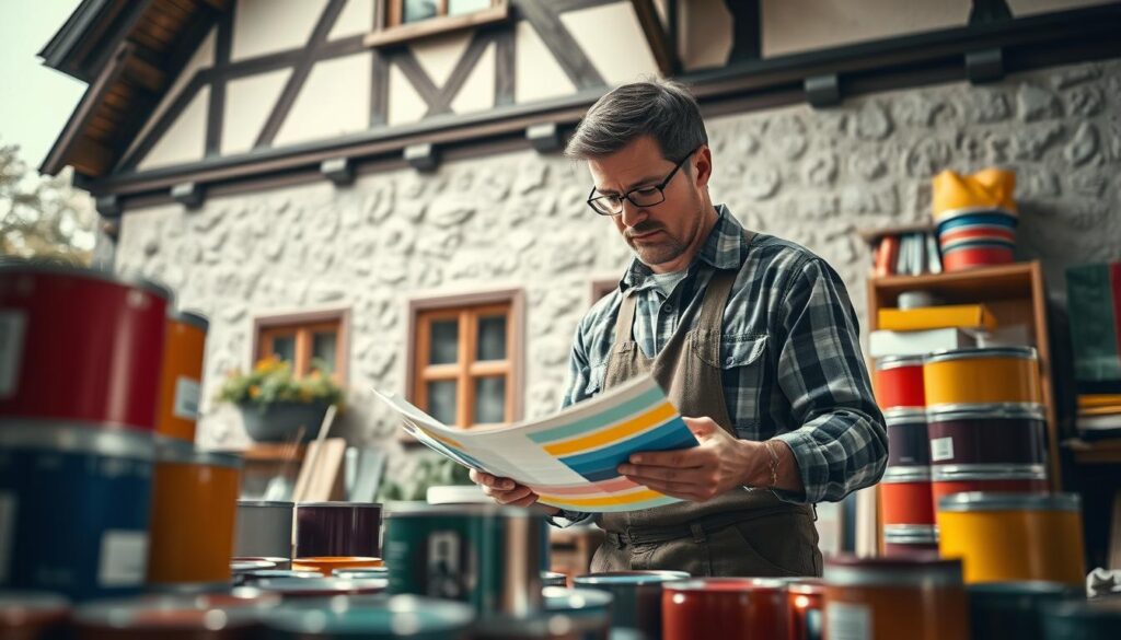 A professional painter in modest casual clothing meticulously choosing colors for a half-timbered house restoration, surrounded by various paint samples and color swatches. The foreground features vibrant paint cans, while the middle showcases the artist thoughtfully analyzing the color combinations. In the background, a beautifully restored Fachwerk house with traditional wooden beams and a textured stucco facade captures the charm of Hameln. The scene is illuminated by soft, natural daylight, creating an inviting atmosphere. Shot with a Sony A7R IV at 70mm, the image is clearly focused and sharply defined, with a polarized filter enhancing the colors and providing depth. The overall mood conveys creativity, precision, and a celebration of craftsmanship in color selection.