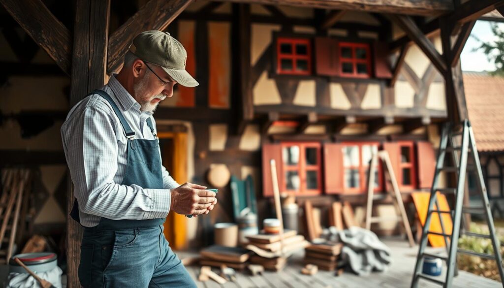 A professional painter in smart work attire is preparing a traditional timber-framed house for painting. In the foreground, the painter is meticulously cleaning and sanding the wooden beams, revealing the textured grain of the wood. In the middle ground, tools like brushes, paint cans, and drop cloths are neatly arranged, with a paint ladder leaning against the house. The background features the charming architecture of the half-timbered structure, showcasing vibrant colors and intricate details. Soft, natural light filters in, creating a warm and inviting atmosphere, highlighting the focus on craftsmanship. The image is shot with a Sony A7R IV at 70mm, providing a sharply defined and clear view, with a polarized filter enhancing the colors and textures.