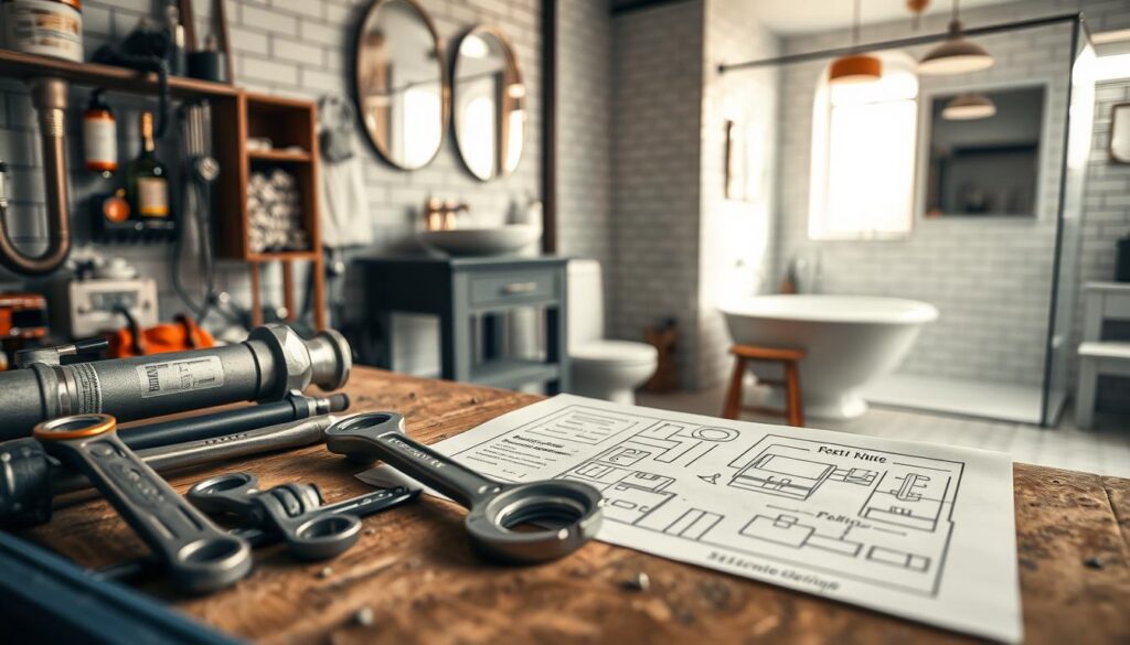 A professional plumber's workspace showcasing sanitary installation and personalized bathroom design. In the foreground, tools such as wrenches and pipes are neatly arranged on a workbench, while a detailed sketch of a modern bathroom layout lies beside them. The middle ground features a partially installed bathroom, including elegant fixtures, tiles, and a stylish sink. In the background, a well-lit and spacious bathroom design highlights quality materials and a contemporary aesthetic, with soft natural light illuminating the space. The scene is captured with a Sony A7R IV at 70mm, ensuring clear focus and sharp definition, enhanced by a polarized filter to reduce glare. The atmosphere is professional and inviting, conveying expertise in plumbing services.
