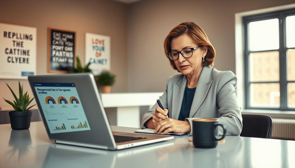 A professional recruiter sitting at a sleek, modern desk, analyzing responses from a personality test on a laptop screen. The foreground features a close-up of the laptop displaying colorful charts and graphs. The recruiter, a middle-aged Caucasian woman in a smart blazer, appears focused and engaged, jotting down notes on a notepad. In the middle ground, soft lighting enhances the warm, corporate atmosphere, with a potted plant and a coffee cup adding a touch of comfort. The background shows a minimalist office space with motivational posters and a large window letting in natural light. Shot on a Sony A7R IV at 70mm, clearly focused with a polarized filter, the composition conveys professionalism and thoughtful evaluation.