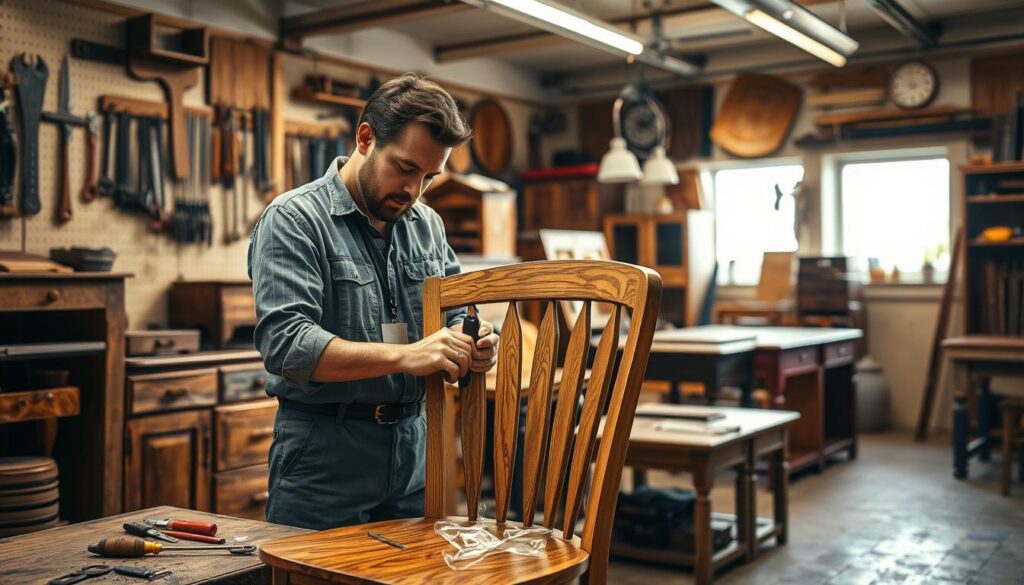 A professional repair service setting in Minden, showcasing an expert craftsman working on a wooden chair. In the foreground, the craftsman, dressed in modest casual clothing, meticulously examines the chair with a set of tools on a nearby workbench. The middle ground features a variety of repaired furniture pieces, including cabinets and tables, highlighting quality craftsmanship. The background reveals a well-organized workshop with tools hanging on the wall and warm, ambient lighting creating a welcoming atmosphere. A soft glow from a window illuminates the workspace, emphasizing the intricate details of the wood. Shot on a Sony A7R IV at 70mm, the image is sharply defined with a polarized filter, capturing the essence of a dedicated repair service in action.