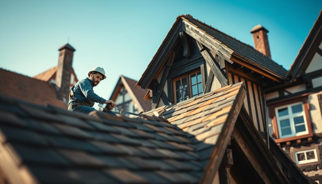 A professional roofer in modest work attire carefully inspects the roof of a historic half-timbered house in Hann. Münden, showcasing the unique features identified for preservation under heritage protection. The foreground highlights the roofer using traditional tools, with detailed shingles and wooden beams reflecting the craftsmanship involved in the restoration process. In the background, other beautifully maintained half-timbered buildings display their characteristic colors and textures, bathed in warm natural light. A clear blue sky above adds to the serene atmosphere, emphasizing the importance of heritage conservation. Capture this scene with a Sony A7R IV at 70mm, ensuring sharp focus and clarity, enhanced by a polarized filter to reduce glare and accentuate the vibrant colors of the architecture.