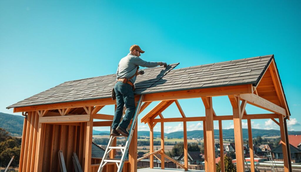 A professional roofer meticulously working on a wooden roof structure in Holzminden, showcasing skilled craftsmanship. In the foreground, the roofer, dressed in smart casual work attire, is balancing on a ladder, installing shingles with tools in hand. The middle ground features a partially completed wooden frame of a house, highlighting the details of woodwork and roofing. In the background, picturesque landscapes of Holzminden with gently rolling hills and traditional German architecture under a bright blue sky. The lighting is warm and natural, captured with a Sony A7R IV at 70mm, ensuring a clear focus on the roofer's actions, with a polarized filter adding depth and contrast, evoking a sense of professionalism and dedication to the craft.