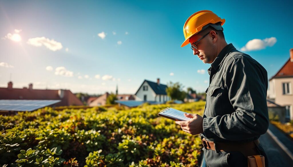 A professional roofer performing maintenance on a green roof, showcasing vibrant vegetation and solar panels. In the foreground, a focused worker in a safety helmet and professional attire inspects the roof with tools, such as a notepad and a measuring tape. In the middle ground, the green roof is lush with various types of plants, while the solar panels glisten in the sunlight. The background features a clear blue sky dotted with small clouds and the charming architecture of Bad Pyrmont, creating a harmonious and serene atmosphere. The scene is captured with a Sony A7R IV at 70mm, using a polarized filter to enhance colors and details, ensuring a crisp and professionally defined look.