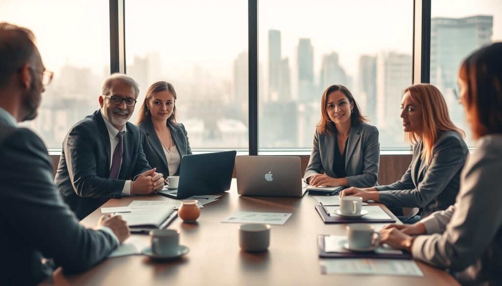 A professional roundtable debate about labor law reforms, with a focus on work hours and break times. In the foreground, a diverse group of four professionals in business attire, engaged in a lively discussion, emphasizing collaboration and analysis. The middle ground features a large table with documents, laptops, and coffee cups, symbolizing a focused work environment. The background includes a large window showcasing a city skyline, conveying an urban setting. The lighting is soft and warm, creating an inviting atmosphere, with natural light filtering through the window. Shot with a Sony A7R IV at 70mm, ensuring clarity and sharp definition, enhanced with a polarized filter for depth. The mood is serious yet optimistic, representing ongoing discussions and adaptations to labor laws.