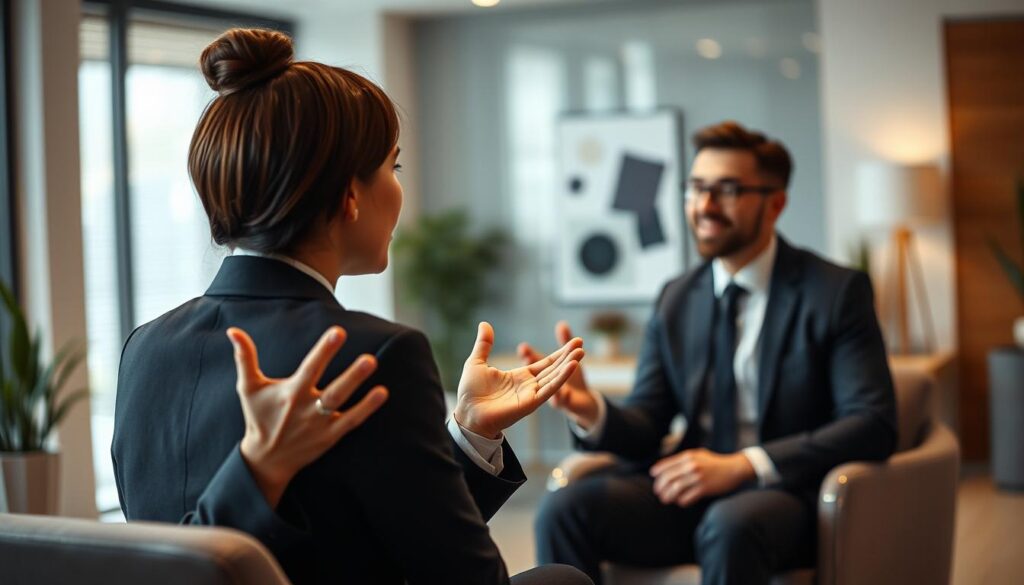 A professional scene depicting a job interview setting, with two individuals engaged in a conversation. In the foreground, focus on the interviewee, dressed in a sharp business suit, displaying open body language: relaxed hands, confident posture, and attentive facial expression. The interviewer, seated opposite, is also in professional attire, showing an encouraging demeanor with nodding and an engaged gaze. In the background, a modern office space with soft lighting enhances the atmosphere, featuring neutral colors and minimalistic decor. Use a shallow depth of field to emphasize the interaction while softly blurring the surroundings. Shot on a Sony A7R IV, 70mm lens, with a polarized filter to create vivid colors and clear focus, capturing the significance of body language in this professional context.