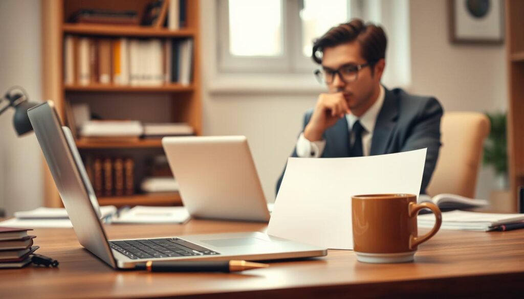 A professional scene depicting the significance of a motivational letter. In the foreground, a neatly organized desk features a laptop open to a blank document, a stylish pen, and a cup of coffee, symbolizing the writing process. In the middle ground, a person in professional business attire, deep in thought, is seated at the desk, their face reflecting determination and focus, highlighting the importance of clear motivation. The background consists of a soft-focus bookshelf filled with career-related books and a subtle window allowing natural light to illuminate the workspace, creating a warm, inviting atmosphere. Shot with a Sony A7R IV 70mm lens, the image is sharply defined and clearly focused, with a polarized filter enhancing colors and contrast.