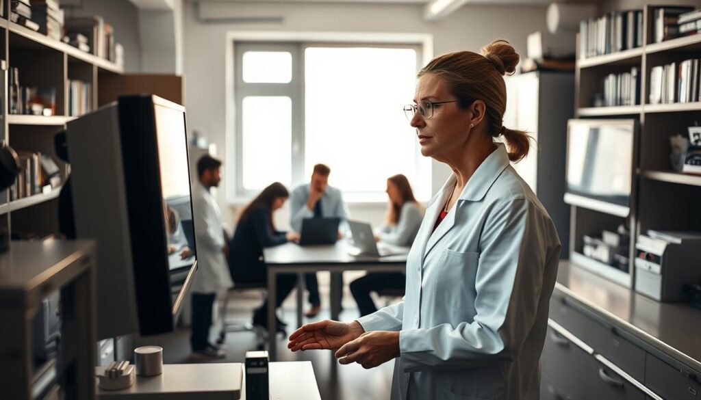 A professional scientist in a well-equipped laboratory, engaged in a learning session with colleagues, reviewing data on a large digital screen. The scientist, a middle-aged Caucasian woman, is wearing a crisp white lab coat, her hair neatly tied back. The setting includes lab equipment, books on shelves, and a window letting in soft, natural light that creates a focused and inspiring atmosphere. In the background, a diverse group of scientists, including a Black male and an Asian female, is gathered around a table with notebooks and laptops. The image is shot with a Sony A7R IV at 70mm, sharply focused, with a polarized filter enhancing the clarity and vibrance of the scene, capturing the essence of professional development in the scientific field.