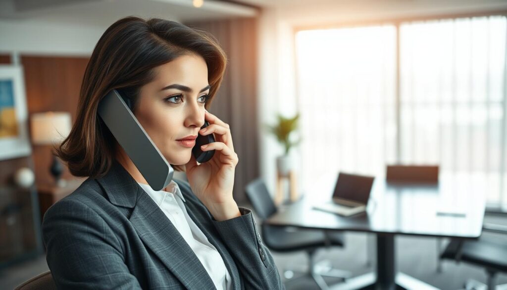 A professional setting depicting a businesswoman in a stylish office, engaged in a telephone call. She’s wearing a smart blazer and neatly styled hair, exuding confidence and professionalism. The foreground shows her focused expression, with the phone held to her ear. In the middle, an elegant desk with a laptop and notepad is visible, suggesting an active work environment. The background features a large window with soft natural light streaming in, highlighting the modern office decor. The mood is one of productivity and professionalism, emphasizing clarity and communication. Taken with a Sony A7R IV at 70mm, the image is sharply defined, with a polarized filter enhancing the colors and contrasts.