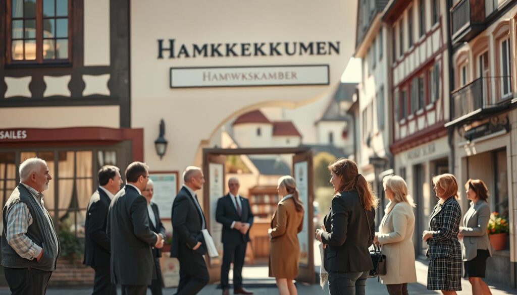 A professional setting depicting the Handwerkskammer Bückeburg, with an exterior view of the building showcasing its traditional architecture. In the foreground, a diverse group of craftsmen and women in professional business attire are engaged in conversation, symbolizing collaboration and support within the local trade community. The middle layer features a clear entrance of the Handwerkskammer, with banners or flags subtly indicating its role in supporting craftsmen. The background illustrates the charming streets of Bückeburg, with the Schloss (castle) partially visible, emphasizing the historic and cultural context. The sunlight casts warm tones, creating an inviting atmosphere, captured with a Sony A7R IV at 70mm, with a sharply defined focus and a polarized filter to enhance colors and reduce glare.