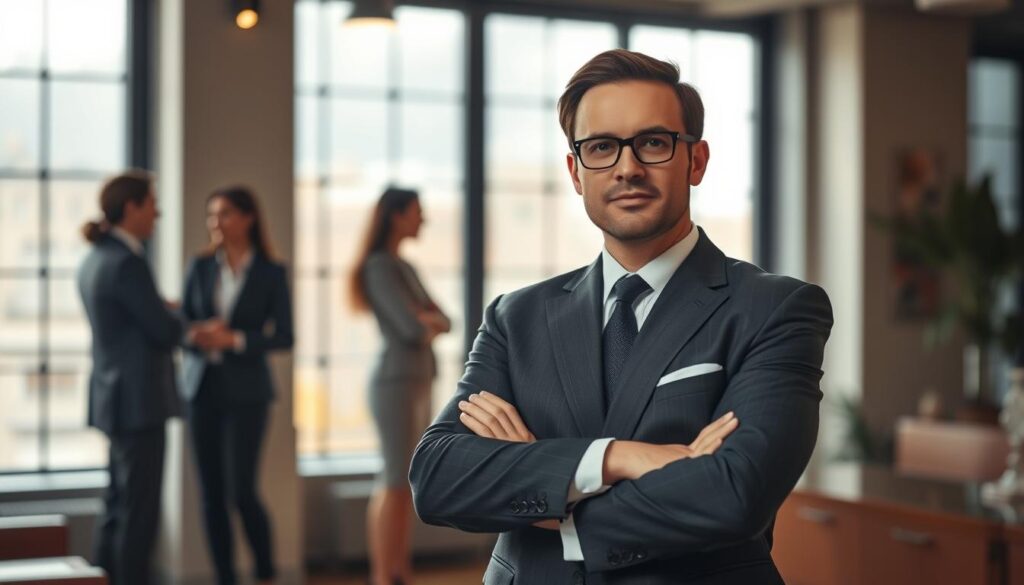 A professional setting depicting the concept of "professional reputation protection." In the foreground, a confident business professional dressed in a tailored suit stands with crossed arms, conveying a sense of assurance. In the middle ground, soft-focus silhouettes of colleagues engage in a conversation, subtly highlighting the importance of discretion in professional relationships. The background features an upscale office environment with large windows allowing natural light to pour in, creating a warm, inviting atmosphere. The scene is shot with a Sony A7R IV at 70mm, ensuring sharp focus on the subject, with a polarized filter enhancing the clarity of the image. The overall mood should be serious yet hopeful, emphasizing the significance of protecting one's professional image and reputation.
