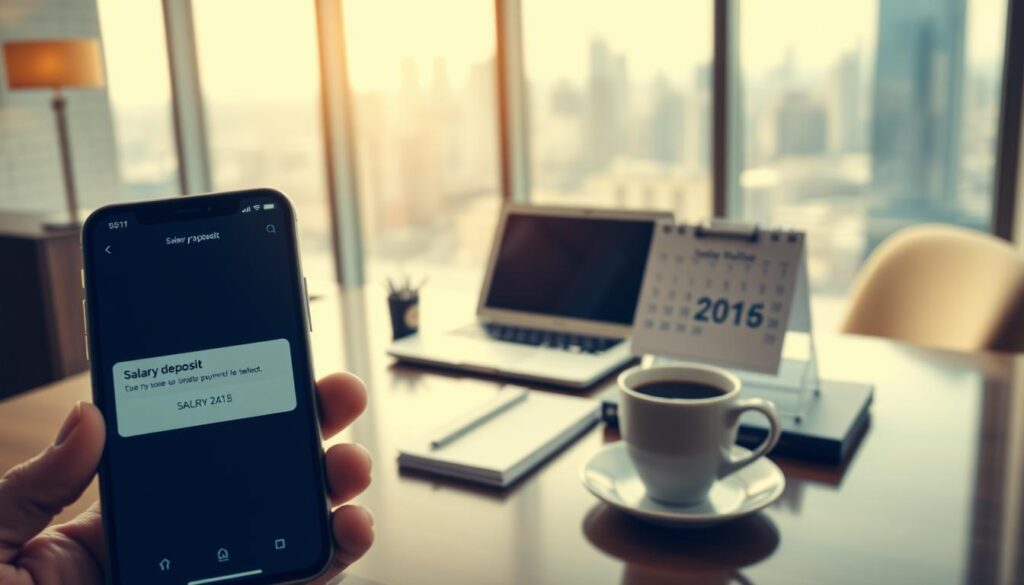 A professional setting depicting the concept of "salary payment date." In the foreground, a close-up of a modern banking app open on a smartphone showing a notification for an incoming salary deposit. The middle ground features a well-lit, elegant office desk with a laptop, a calendar marked with the salary date, and a cup of coffee, all arranged neatly. In the background, a softly blurred city skyline can be seen through a large window, suggesting financial stability. The image is shot on a Sony A7R IV at 70mm, ensuring sharp focus on the key elements with a polarized filter enhancing the colors. The atmosphere is calm and professional, conveying a sense of anticipation and responsibility regarding timely salary deposits.