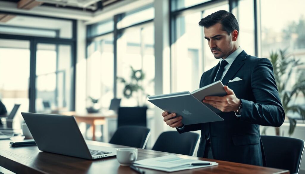 A professional setting designed for a job interview preparation scene. In the foreground, a confident individual dressed in a tailored suit, reviewing a stack of documents and a digital tablet, with a thoughtful expression, exemplifying focus and readiness. In the middle ground, a neatly arranged table with a laptop, a notepad filled with notes, and a cup of coffee, symbolizing preparation. The background features a modern office with large windows allowing natural light to pour in, casting soft shadows. The mood is calm yet determined, conveying the importance of being well-prepared for an interview. Shot on a Sony A7R IV at 70mm, with clear focus and sharp definition, using a polarized filter for enhanced clarity and detail.