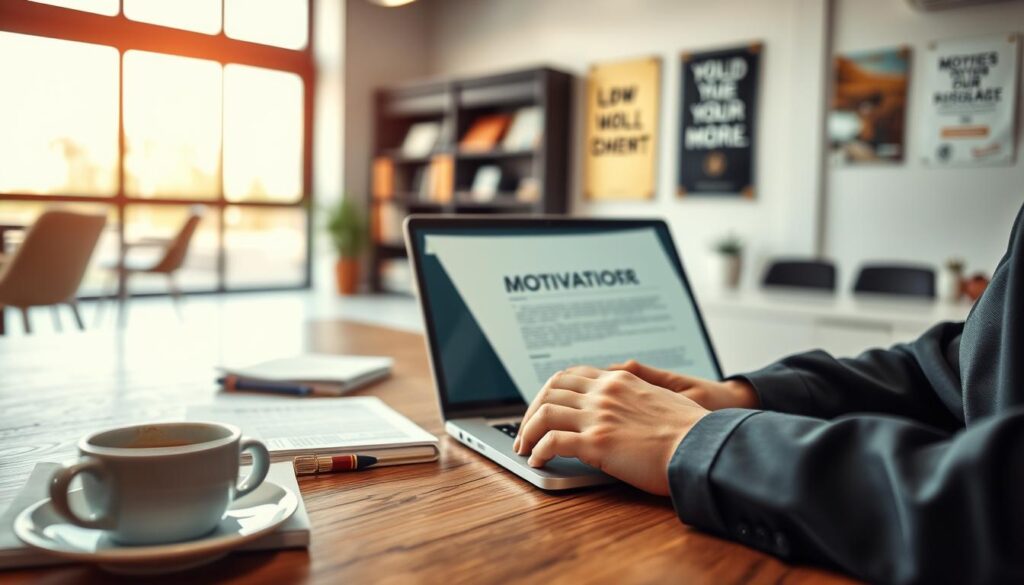 A professional setting featuring a close-up of a person typing on a laptop, focused on a well-organized motivational letter. The foreground showcases the hands in business attire on the keyboard, with documents, a cup of coffee, and a notepad with notes on motivation placed beside the laptop. In the middle, a blurred view of a modern office environment with large windows allowing soft, natural light to illuminate the scene. The background includes shelves with books and motivational posters. The mood is inspirational and focused, emphasizing clarity and determination in the writing process. Shot with a Sony A7R IV at 70mm, ensuring a crisp, clearly defined image with a polarized filter effect to enhance colors and details.