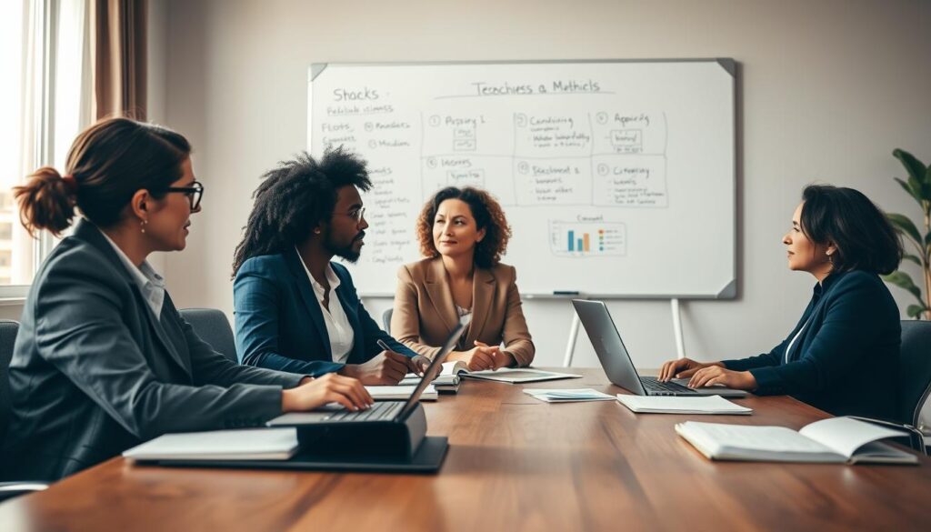 A professional setting for a conversation preparation scene. In the foreground, a diverse group of three individuals sits around a conference table, engaged in thoughtful discussion. Each person is dressed in smart business attire, with open notebooks and laptops in front of them, showcasing charts and notes. The middle ground features a whiteboard filled with brainstorming ideas and key points. In the background, a large window lets in soft, natural light, illuminating the room and creating a warm, focused atmosphere. Shot with a Sony A7R IV at 70mm, ensuring a clear focus and sharp definition of the subjects and their environment, enhanced by a polarized filter to enrich colors and contrast. The overall mood is professional, collaborative, and driven, reflecting effective conversation preparation.