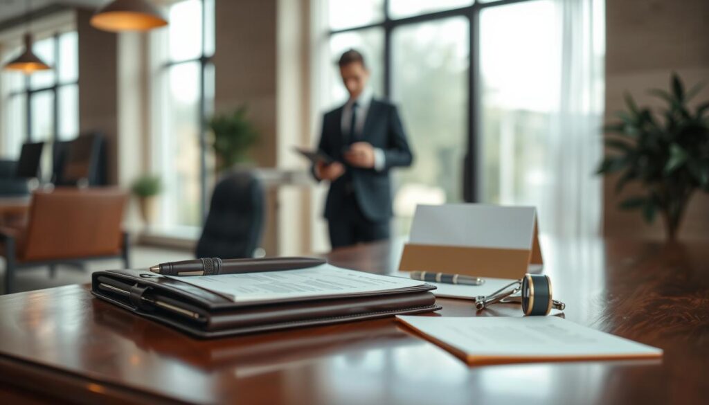 A professional setting for a job interview, featuring an elegant wooden desk in the foreground, topped with essential items: a polished portfolio, a neatly organized notepad, a sleek pen, a classic wristwatch, and an envelope with a printed resume. In the middle, a well-dressed person in business attire, confidently reviewing their notes. The background showcases a soft-focus modern office environment with large windows allowing natural light to flood in, creating a warm and inviting atmosphere. The lighting is bright yet soft, emphasizing the seriousness and professionalism of the moment. The photograph is captured with a Sony A7R IV at 70mm, presenting sharp details and clear focus, enhanced by a polarized filter to reduce glare. The overall mood is one of preparation, confidence, and professionalism.