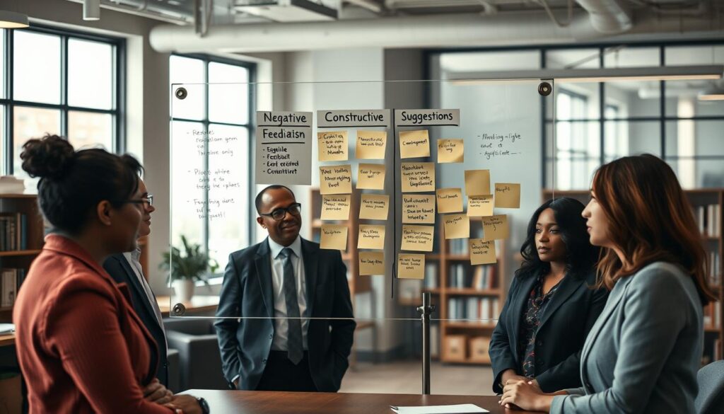 A professional setting illustrating "Negative Aspects and Constructive Criticism." In the foreground, a diverse group of four people engages in a candid discussion. They are dressed in business attire, showing concern and focus. The middle section includes a large, transparent board filled with sticky notes outlining negative feedback and constructive suggestions. In the background, a modern office environment features bookshelves and soft lighting, creating a warm yet serious atmosphere. The lighting is soft yet clear, with natural light streaming through large windows, and the scene is shot with a Sony A7R IV at 70mm, ensuring a sharp and well-defined image with a polarized filter that enhances colors and reduces glare. The overall mood conveys reflection, growth, and a collaborative spirit.