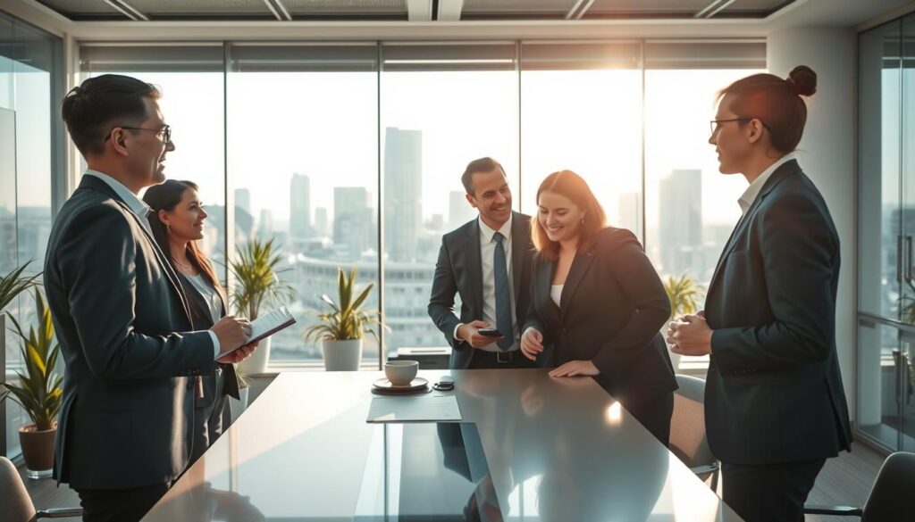A professional setting illustrating the concept of "Formulierung Wechselmotivation Bewerbung." In the foreground, a diverse group of four professionals dressed in smart business attire, engaged in a dynamic discussion. One individual is writing notes on a notepad, while the others are exchanging ideas, showcasing a collaborative atmosphere. In the middle ground, a large glass window reveals a modern urban skyline, symbolizing opportunity and change. The background features subtle elements of office decor, such as potted plants and a sleek conference table. The scene is brightly lit with natural sunlight streaming through the window, creating a warm and inviting mood. Captured with a Sony A7R IV at 70mm, the image is sharply defined with a polarized filter, highlighting expressions of motivation and ambition.