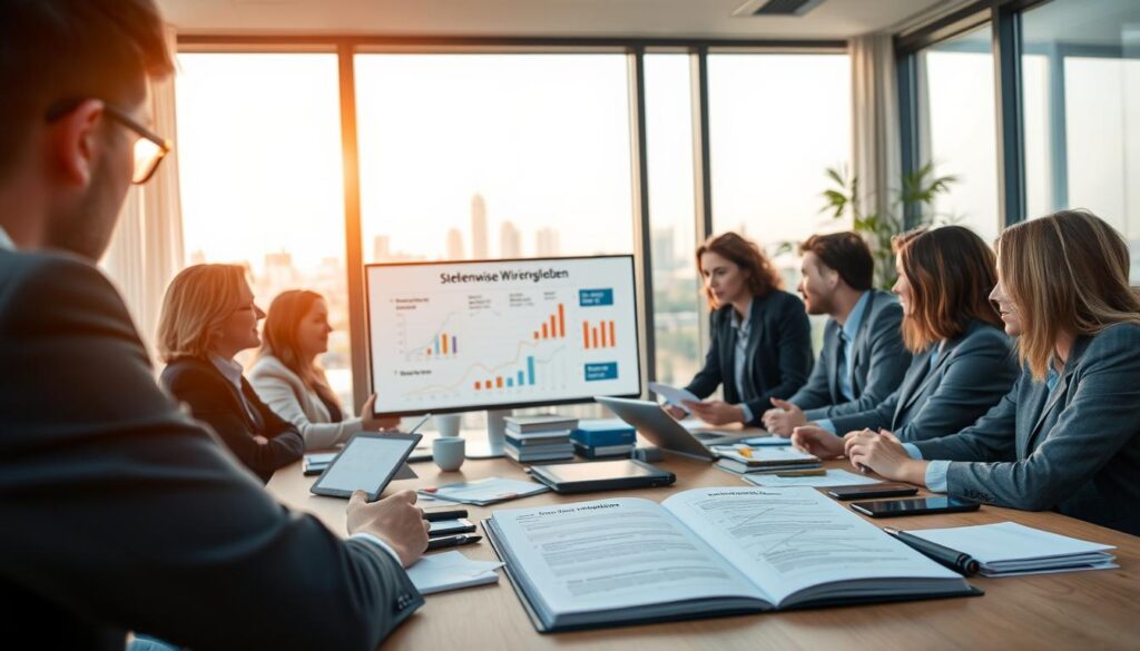 A professional setting illustrating the concept of "stufenweise Wiedereingliederung". In the foreground, a group of diverse, professionally dressed individuals are engaged in a collaborative discussion around a table filled with documents and digital devices. In the middle ground, visual representations of gradual reintegration stages like charts and graphics are projected on a screen, while an open notebook with a step-by-step plan sits prominently. In the background, a large window reveals a cityscape bathed in soft daylight, symbolizing hope and new beginnings. The overall atmosphere is one of positivity and teamwork, with well-defined details, a bright color palette, and the image shot using a Sony A7R IV at 70mm, ensuring crisp focus and clarity with a polarized filter.