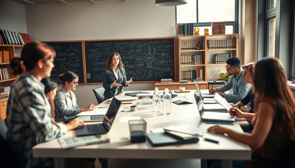 A professional setting illustrating the theme of "Career Entry in Science," featuring a diverse group of people engaged in a collaborative discussion around a large table filled with scientific reports, laptops, and research materials. In the foreground, a confident young woman in business attire presents her ideas with enthusiasm, while a thoughtful young man takes notes, demonstrating active engagement. The middle ground showcases a chalkboard filled with diagrams and equations, symbolizing academic rigor. In the background, shelves filled with scientific books and awards reflect achievement. The atmosphere is bright and optimistic, illuminated by soft, natural light streaming through large windows, conveying a sense of hope and ambition for a successful scientific career. Shot on Sony A7R IV 70mm, clearly focused, sharply defined, with a polarized filter for enhanced clarity.