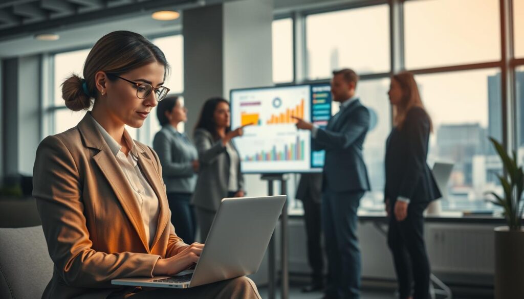 A professional setting showcasing a dynamic office environment with an engaging mix of individuals collaborating on data analysis. In the foreground, a woman in smart business attire, intently analyzing graphs and numbers on her laptop, illuminated by soft, warm lighting. In the middle ground, a diverse group of professionals, equally dressed, are engaged in discussion while pointing at a digital screen displaying vibrant charts and statistics, symbolizing the importance of numerical affinity in careers. The background features a modern, well-lit office space with large windows and city views, suggesting opportunities and growth. Shot on a Sony A7R IV at 70mm, the image should be sharply defined with a polarized filter, conveying a motivational and focused atmosphere that underscores the significance of numerical skills in professional success.