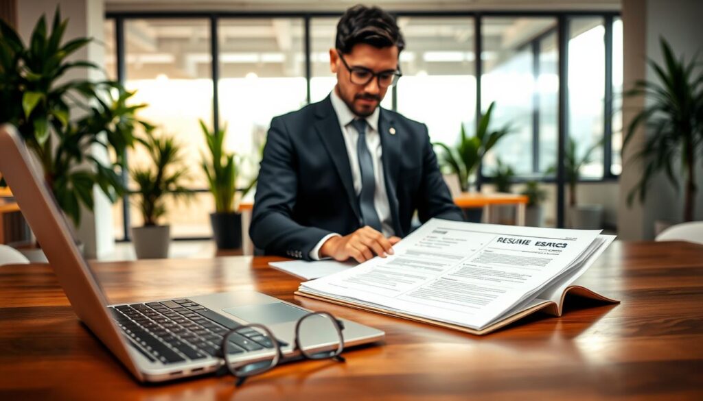 A professional setting showcasing the importance of a well-structured resume. In the foreground, a neatly arranged desk with a polished wooden surface, featuring a sleek laptop, an open resume, and a pair of glasses. The middle ground displays a confident individual dressed in business attire, reviewing the resume with a thoughtful expression. The background includes large windows with soft, natural light cascading in, illuminating a modern office space filled with indoor plants. The mood is serene yet focused, emphasizing the significance of the resume in career advancement. Shot with a Sony A7R IV at 70mm, the image is clearly focused with sharp details and a polarized filter enhancing color vibrancy, inviting attention to the elements of professionalism and preparation.