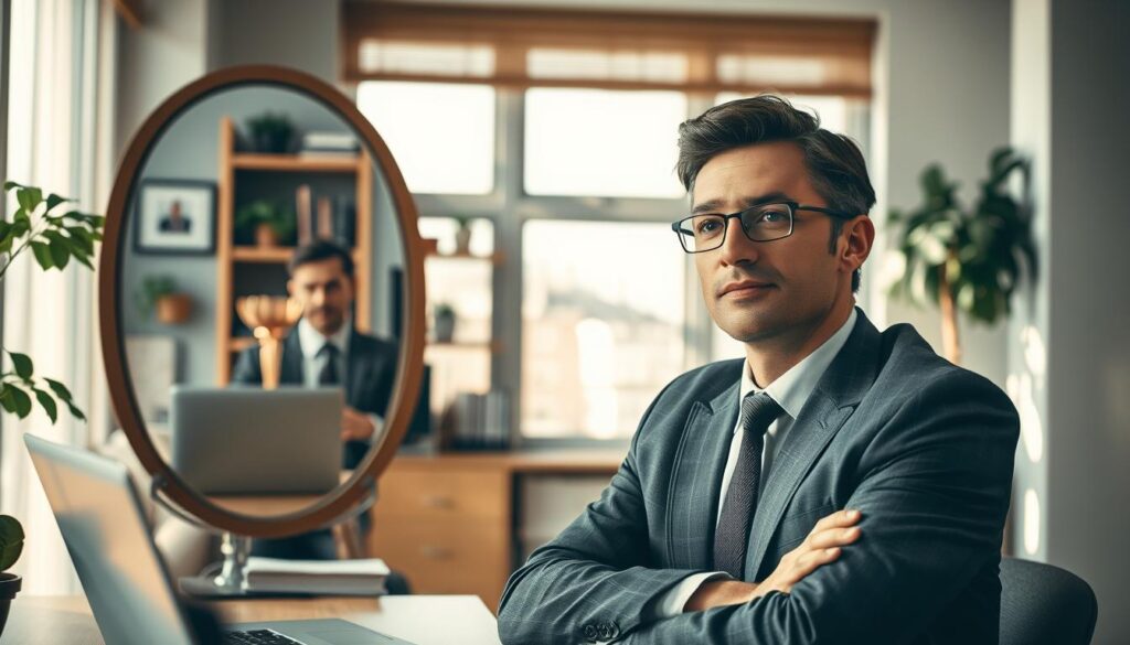 A professional setting where a confident individual in business attire reflects on their last job experience. In the foreground, a person sits at a desk, their expression thoughtful, with a reflection in a polished mirror that shows elements of their past job, like a laptop, a notepad, and an award trophy, symbolizing achievements. In the middle ground, shelves with books and plants enhance the atmosphere of a tidy office. The background features a large window allowing natural light to flood in, casting soft shadows that create an inspiring ambiance. The scene is captured using a Sony A7R IV at 70mm, sharply defined with a polarized filter, evoking a sense of nostalgia and professionalism.