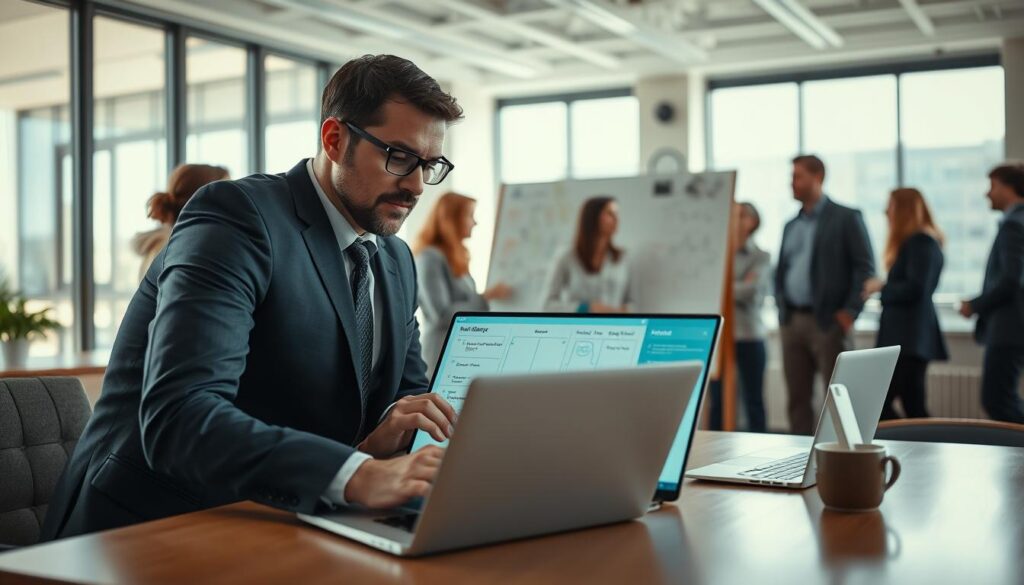A professional team engaged in a software onboarding session in a modern office environment. In the foreground, two individuals, a man and a woman in business attire, closely examine a laptop screen displaying new software, with expressions of concentration and curiosity. In the middle ground, a whiteboard filled with diagrams and notes outlines the software's features and workflows, while a diverse group of colleagues gathers, actively discussing the implementation process. The background reveals a bright, airy office space with large windows, allowing natural light to flood in, creating a warm atmosphere. Shot on a Sony A7R IV 70mm lens, the image is sharply focused with vivid details and a polarized filter enhancing the clarity, conveying a mood of collaboration and adaptability in facing change.