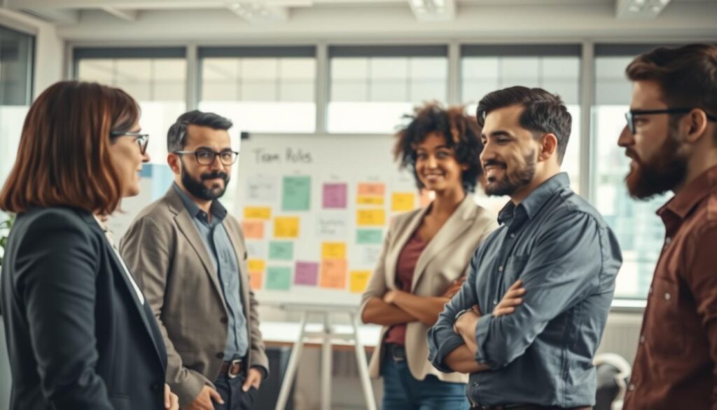 A professional team meeting scene set in a bright, modern office. In the foreground, a diverse group of four individuals engaged in a discussion: a woman with short brown hair in a smart blazer, a man with glasses in a dress shirt, a woman with curly hair in a smart-casual outfit, and a man with a neatly trimmed beard in a casual button-up shirt. In the middle, a whiteboard filled with colorful diagrams representing team roles and dynamics. The background shows large windows with natural light flooding in, creating an inviting atmosphere. The scene is captured with a Sony A7R IV at 70mm, sharply defined with a polarized filter to enhance color vibrancy. The mood is focused and collaborative, showcasing the importance of defined roles within a team.