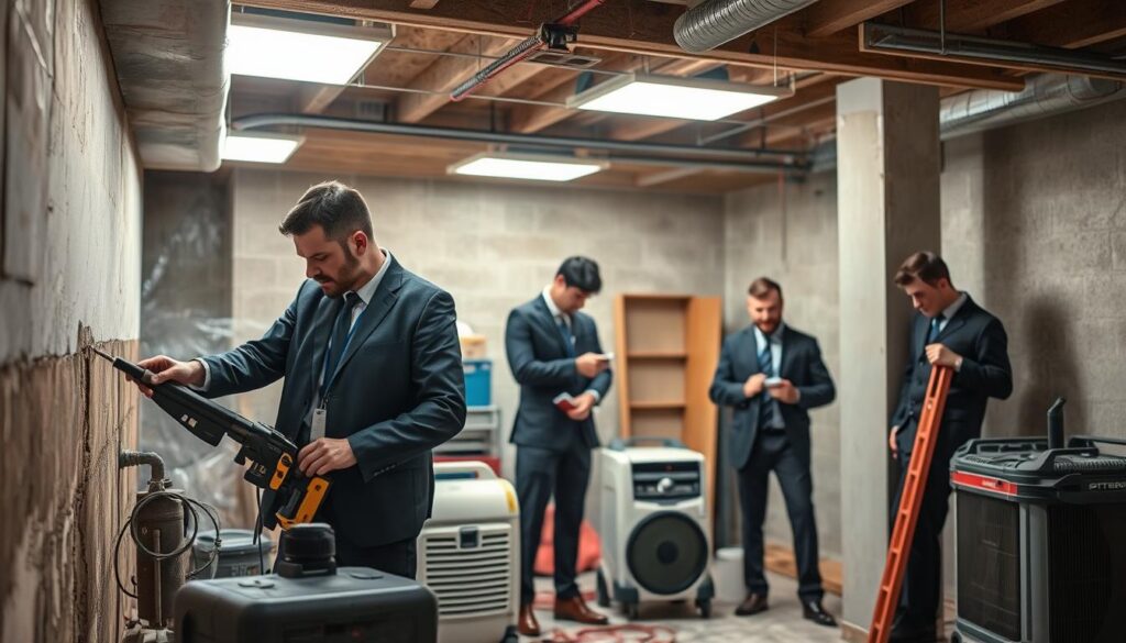 A professional team of contractors, dressed in smart business attire, actively engaged in a basement renovation project, showcasing various services for moisture damage repair. In the foreground, a contractor inspects a damp wall with specialized tools, while another applies a waterproof solution. The middle layer features equipment such as dehumidifiers and construction materials, indicating an organized workspace. In the background, unfinished basement walls contrast with the bright overhead lights illuminating the scene. The atmosphere is focused and industrious, emphasizing professionalism and expertise in basement restoration services. The shot is captured with a Sony A7R IV at 70mm, sharply defined and clearly focused, enhanced by a polarized filter to reduce glare and bring vibrant colors to the workspace.