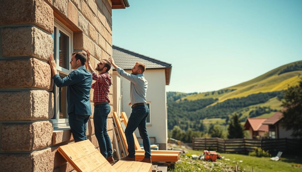 A professional team of craftsmen engaged in energetic renovation work in a picturesque Weserbergland setting. In the foreground, a diverse group of three professionals in business attire collaborates on a building façade, using tools like insulation boards and energy-efficient windows. The middle ground features a partially renovated home with visible energy-saving improvements, while the background showcases the lush green hills typical of the Weserbergland region under a clear blue sky. The lighting is bright and natural, emphasizing the intricate details of the renovation work. Shot with a Sony A7R IV at 70mm, the image is clearly focused with sharp definitions and a polarized filter that enhances colors and contrasts, creating a professional and inspiring atmosphere.
