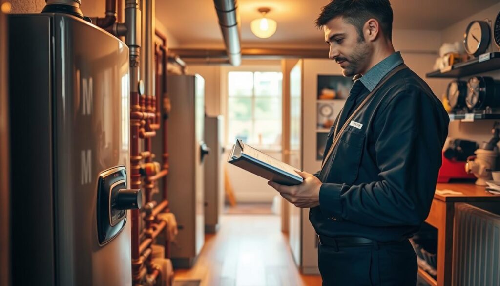 A professional technician, dressed in a smart uniform, is conducting an inspection of a heating system in a cozy, well-lit residential utility room. In the foreground, the technician examines a boiler, using a clipboard and tools, ensuring everything is running smoothly. In the middle ground, various heating system components are visible, such as pipes and gauges, reflecting a well-maintained setup. The background features a neatly organized workspace with warm, inviting lighting to create a sense of responsibility and professionalism. The image is captured with a Sony A7R IV at 70mm, ensuring sharp focus and crisp details, enhanced by a polarized filter to enrich colors and contrast. The atmosphere is one of diligence and care, highlighting the importance of regular inspections for safety and efficiency.