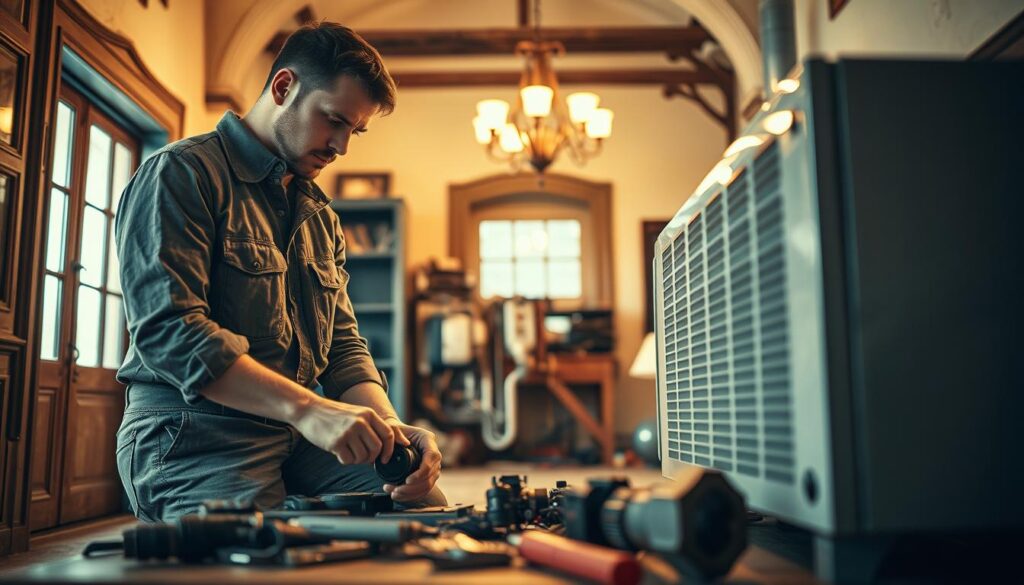 A professional technician in a modest casual outfit is meticulously working on the installation of a modern heating system in a historic building. In the foreground, tools and replacement parts are neatly arranged, highlighting their importance. The technician is focused, clearly demonstrating expertise. In the middle, the old heating system is partially dismantled, revealing pipes and electrical connections, while the new, sleek unit is ready for installation. The background features the interior of a vintage room with classic architecture, adorned with warm, ambient lighting that creates an inviting atmosphere. The image captures rich textures and details, showcasing the contrast between old and new technology. Shot on Sony A7R IV at 70mm, using a polarized filter for heightened clarity and sharp definition.