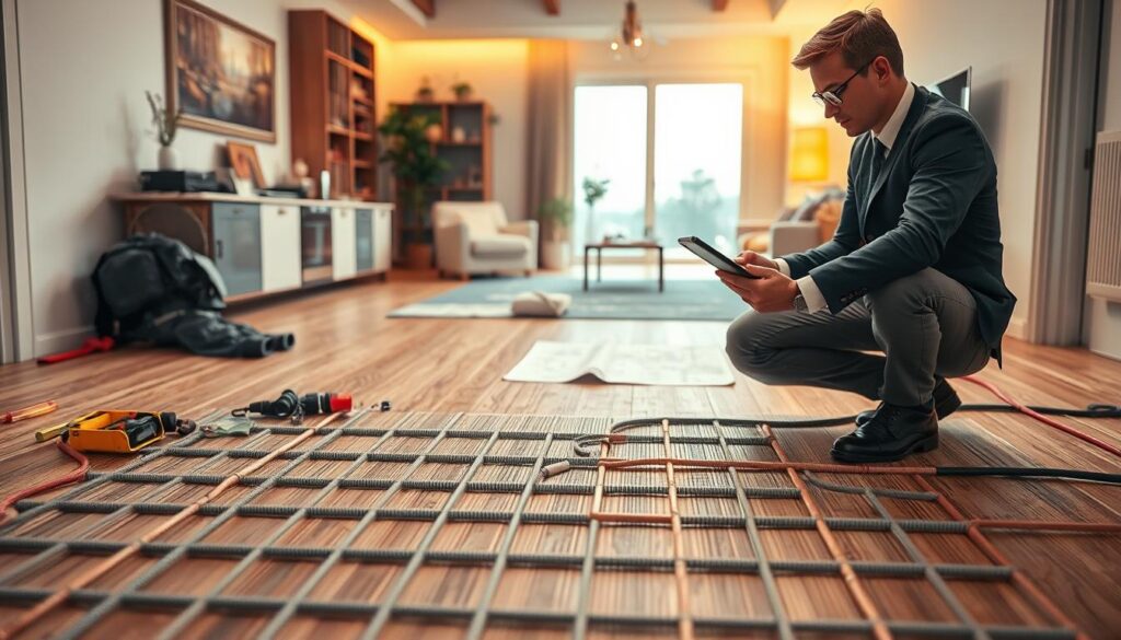 A professional technician inspecting a modern home’s floor, focusing on a sophisticated underfloor heating system installation. In the foreground, show detailed views of the heating pipes laid out meticulously on the floor, with tools organized neatly beside them. The technician, dressed in smart business attire, checks data on a tablet, illuminated by warm, soft lighting from above. In the middle ground, showcase a partially completed installation, revealing a mix of flooring materials, and a blueprint spread out for reference. The background features a cozy living room ambiance with subtle décor, creating an inviting atmosphere. Capture the scene with a Sony A7R IV at 70mm, using a polarized filter for enhanced clarity and contrast, conveying a sense of professionalism and innovation in home heating technology.