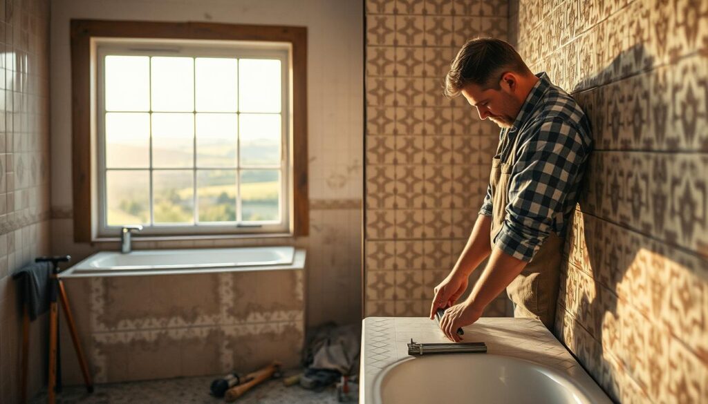 A professional tile setter working on a bathroom renovation in the picturesque Weserbergland region of Hameln, Germany. In the foreground, a craftsman, dressed in modest work attire, is precisely laying ceramic tiles on a bathroom wall, showcasing intricate patterns. The middle ground features a partially tiled bathroom with tools like a tile cutter and adhesive spreaders neatly arranged. The background highlights scenic views of the Weserbergland's rolling hills through a window, infused with soft, natural morning light. The image is captured with a Sony A7R IV at 70mm, ensuring clear focus and sharp definition, enhanced by a polarized filter to reduce glare and enhance colors, evoking a sense of professionalism and craftsmanship.