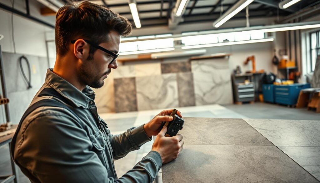 A professional tiler inspecting large-format ceramic tiles in a modern workspace. In the foreground, a focused technician in smart casual attire, holding a measuring tool, closely examines the surface of the tiles for signs of wear or damage. The middle ground features an elegant array of large tiles, with an emphasis on their intricate patterns and textures, illuminated by soft overhead lighting that highlights their sheen. The background reveals a clean, well-organized workshop with tools and equipment neatly arranged, maintaining a professional atmosphere. The image is shot with a Sony A7R IV at 70mm, ensuring sharp focus and clarity with a polarized filter enhancing the colors and details. The overall mood is one of diligence and professionalism, emphasizing thorough inspection and maintenance of tile surfaces.