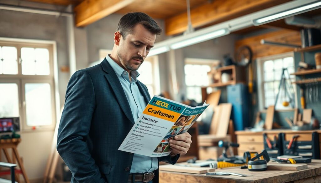 A professional tradesperson, dressed in a neatly pressed business outfit, stands confidently in a well-lit workshop filled with tools and equipment. In the foreground, the tradesperson is examining a colorful brochure displaying contact information for local craftsmen in Höxter. The middle layer features a workbench cluttered with various building materials, such as wood, screws, and a tape measure, symbolizing the craft. In the background, soft natural light streams through large windows, illuminating the organized chaos of the workshop. The atmosphere is welcoming and industrious, suggesting a hub of activity and collaboration. Captured with a Sony A7R IV at 70mm, the image is sharply defined and focuses on the tradesperson's engaged expression, evoking a sense of professionalism and approachability. A polarized filter enhances the colors and contrasts, making the scene vivid and inviting.